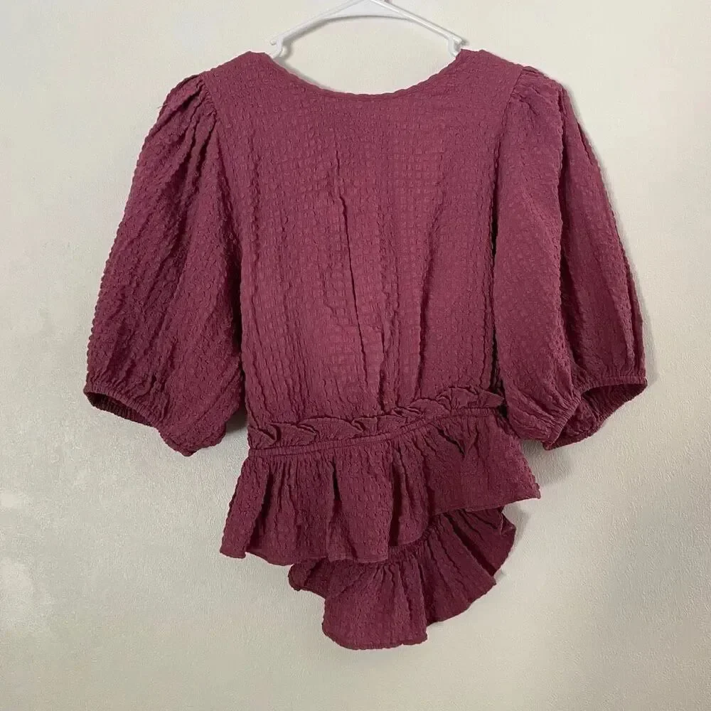 Free People Purple Textured Wrap Peplum Top L Puff Sleeve Boho Tie Front